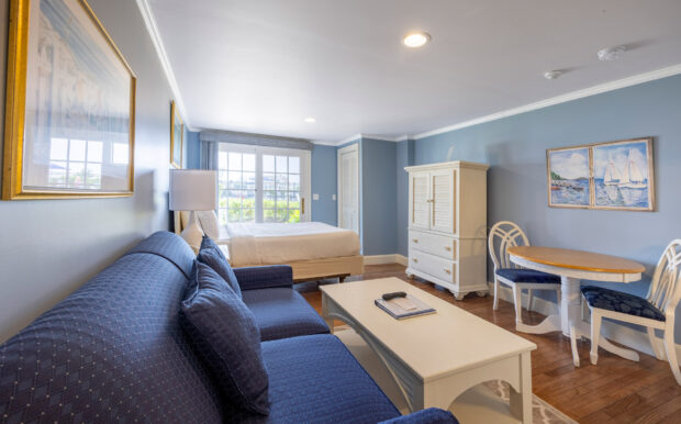 A spacious studio with soft blue walls, a navy blue sofa, white coffee table, and a cozy bed. The room includes a dining area, wardrobe, and sliding glass doors allowing natural light to brighten the space.