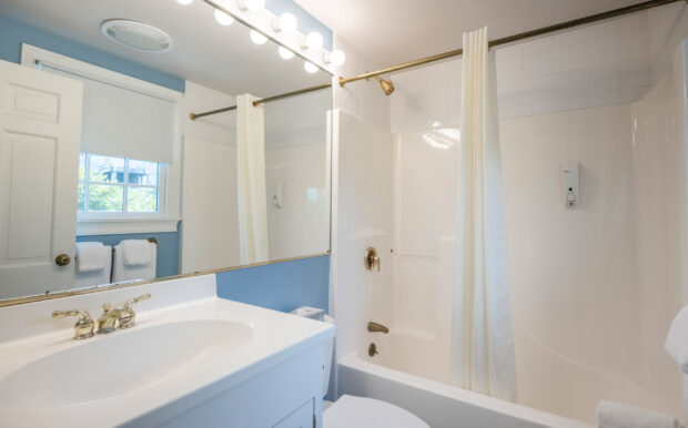 A clean and bright bathroom with a white bathtub, gold fixtures, and a vanity sink. The large mirror and vanity lighting enhance the fresh, modern feel of the space.