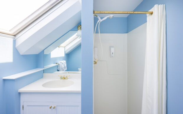 A compact bathroom with a white vanity, gold fixtures, and a shower under a sloped ceiling with a skylight.